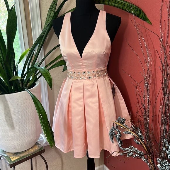 NEW Lulus Satin Light Pink Trendy Skater Dress with Rhinestones - Picture 3 of 15